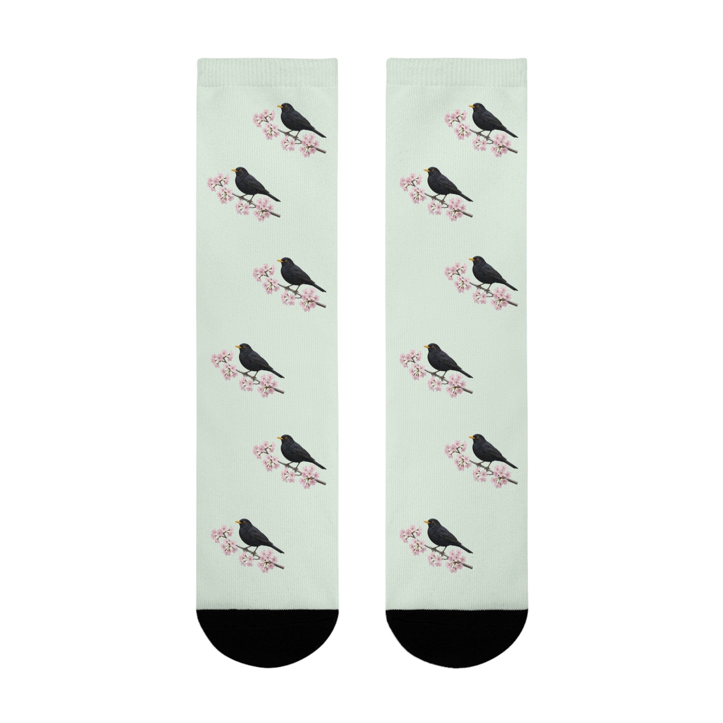 Amsel & Kirschblüten Socken in Salbeigrün | Weiche Baumwollmix-Socken für Naturfreunde