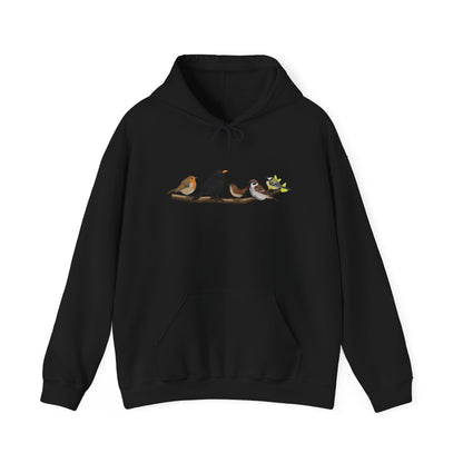 Vögel auf einem Ast Hoodie - Amsel Rotkehlchen Kohlmeise Kapuzenpullover für Vogelbeobachter & Naturliebhaber