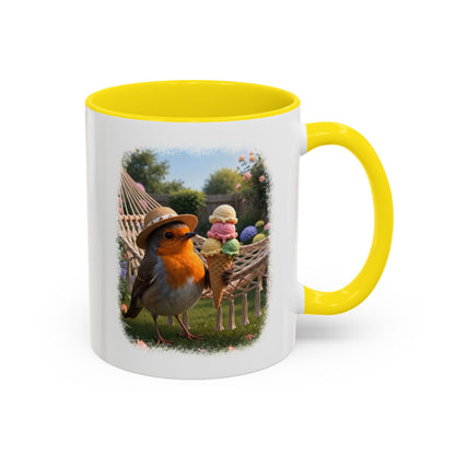 Keramiktasse Rosi Rotkehlchen und das Riesen-Eis im Garten – Kaffeebecher mit farbigem Henkel (330 ml)