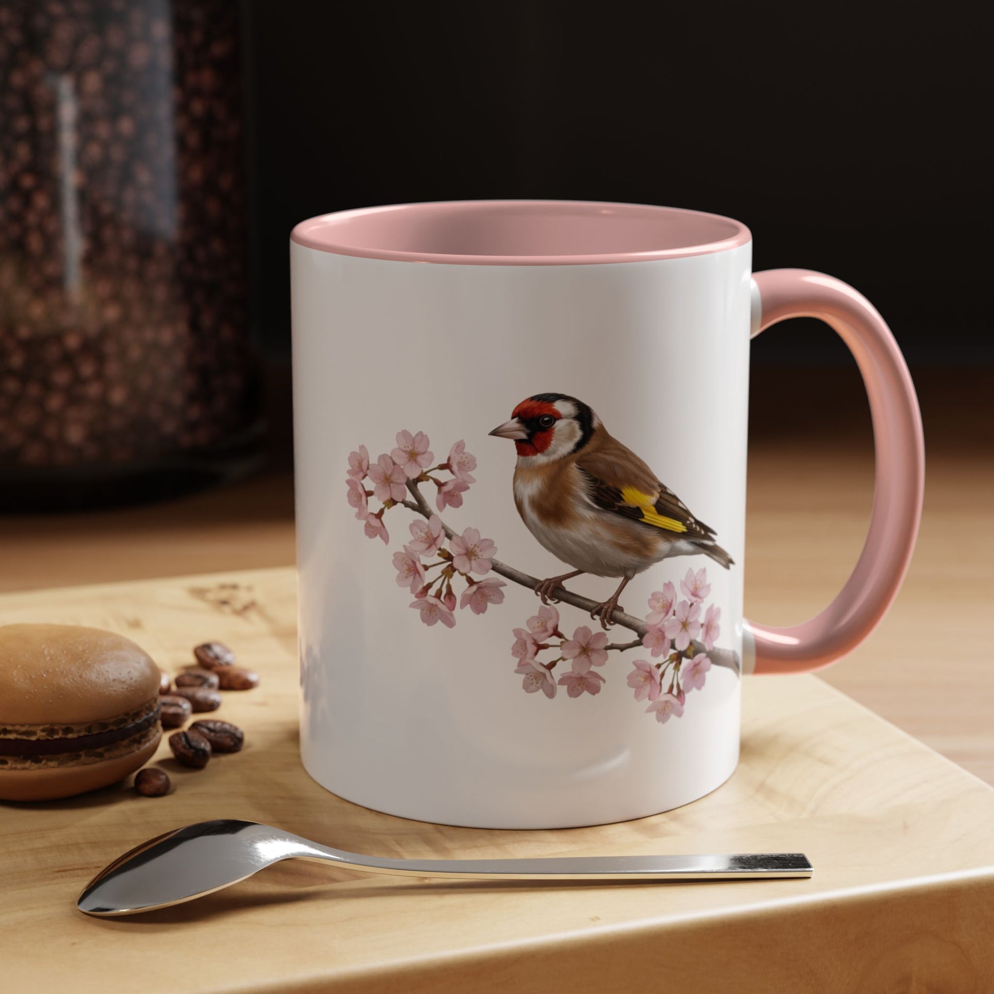 Stieglitz Tasse mit Kirschblüten | Rosa Keramiktasse für Vogelfreunde – Accent Coffee Mug,