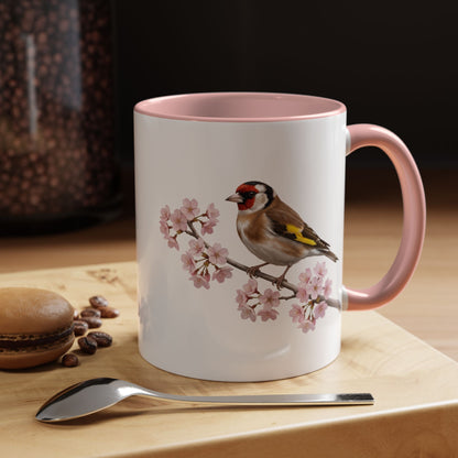 Stieglitz Tasse mit Kirschblüten | Rosa Keramiktasse für Vogelfreunde – Accent Coffee Mug,