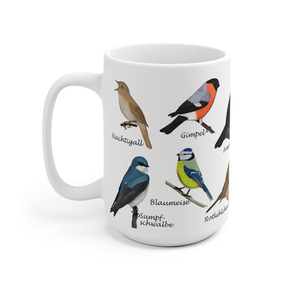 Gartenvögel Amsel Rotkehlchen Blaumeise Zaunkönig Gimpel Vogel Tasse