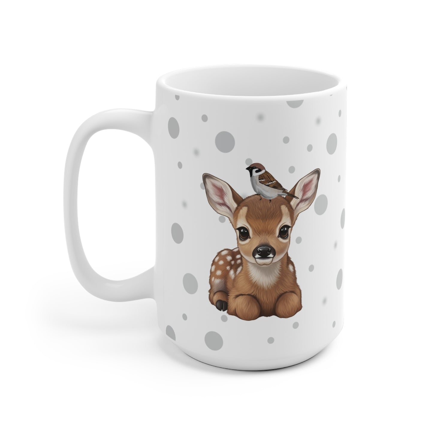 Rehkitz Tasse mit Spatz Tiermotiv Punkte Grau