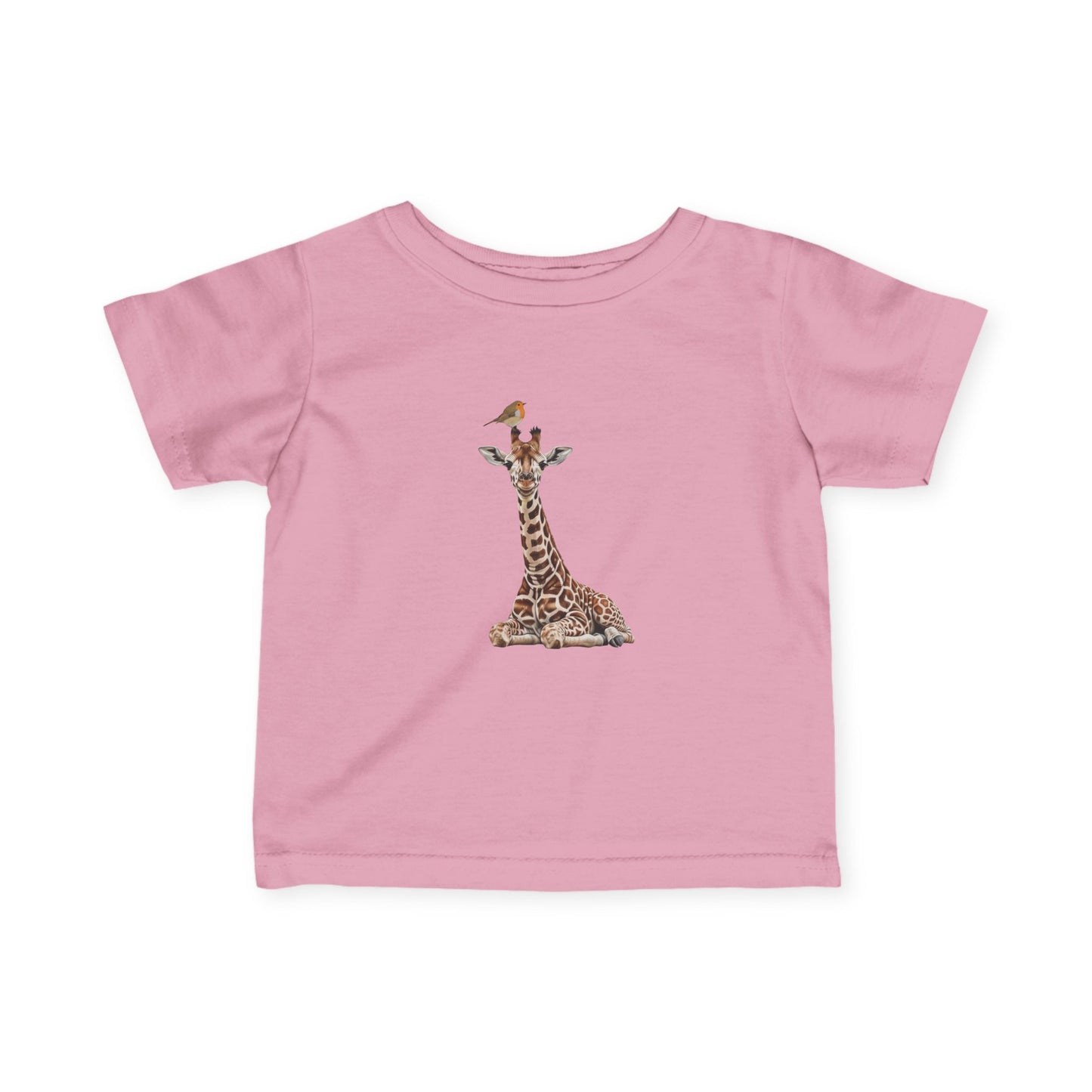 Süße Baby Giraffe mit Rotkehlchen Vogel Tiermotiv T-Shirt für Babys und Kleinkinder
