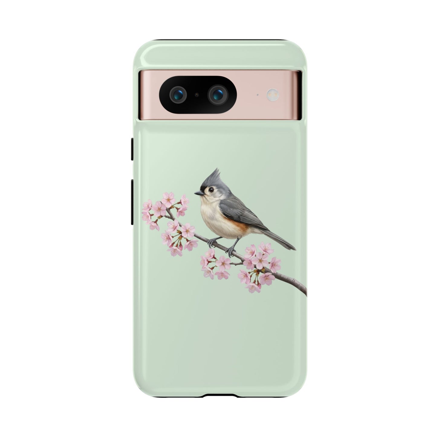 Grauhäubchenmeise Handyhülle in Salbeigrün | Florales Kirschblüten Vogel-Motiv für iPhone & Google Pixel