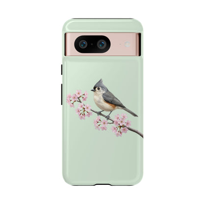 Grauhäubchenmeise Handyhülle in Salbeigrün | Florales Kirschblüten Vogel-Motiv für iPhone & Google Pixel