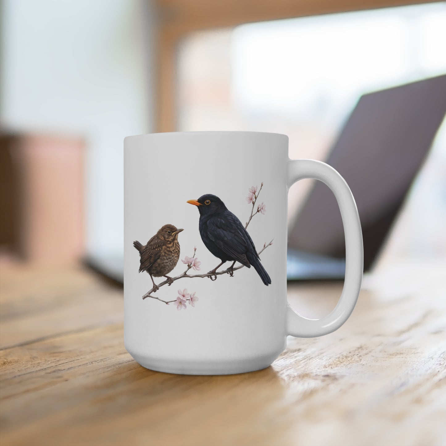 Amsel mit Ästling Premium Keramiktasse | Geschenk für Vogelbeobachter
