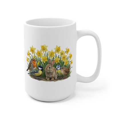 Kaninchen Rotkehlchen Meisen Zaunkönig mit Osterglocken Tasse - Oster-Geschenk für Vogelfreunde