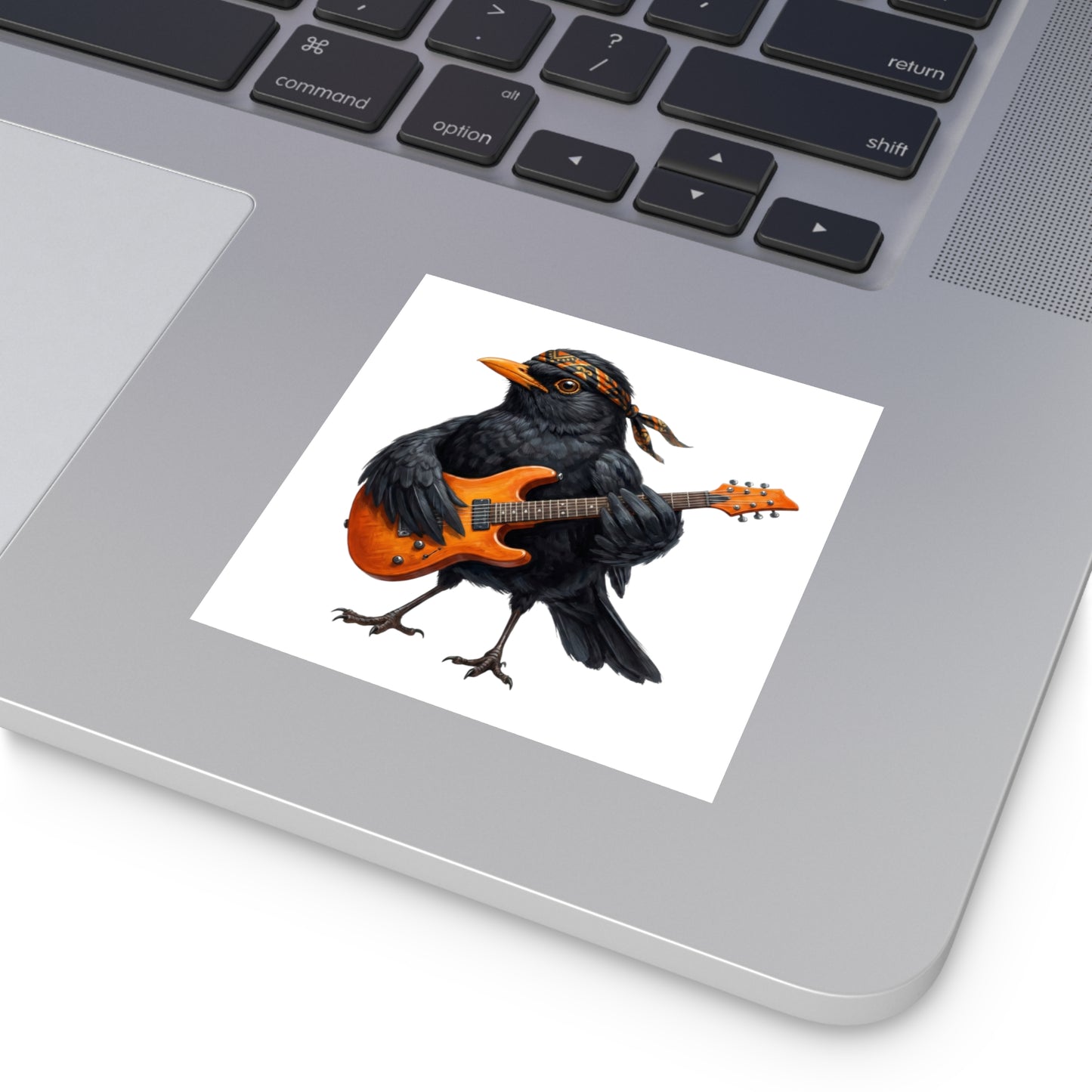 Blacky die Amsel mit seiner orangene Gitarre Premium Sticker (Die Gartenvögel) – animal Aufkleber