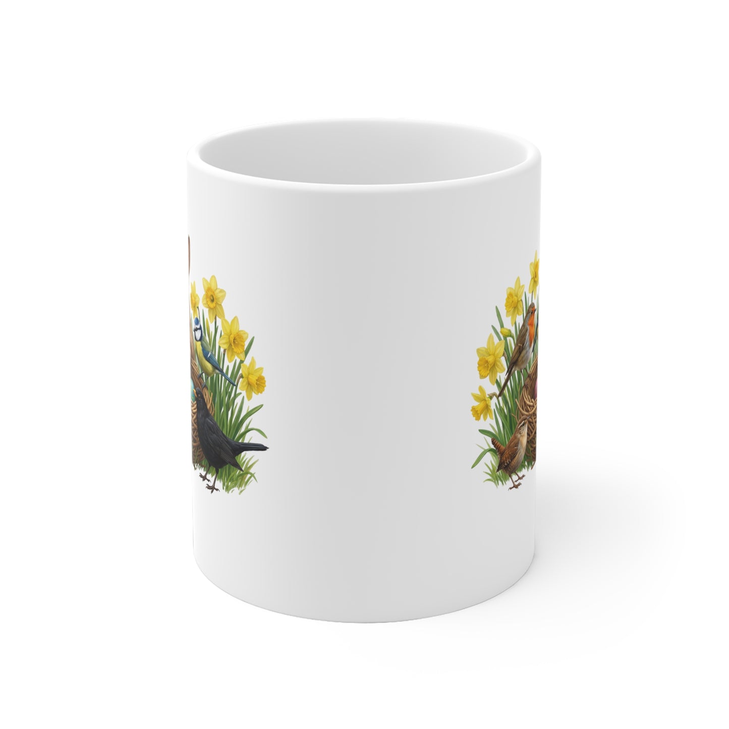 Kaninchen Rotkehlchen Amsel am Nest mit Osterglocken Tasse - Oster-Geschenk für Vogelfreunde