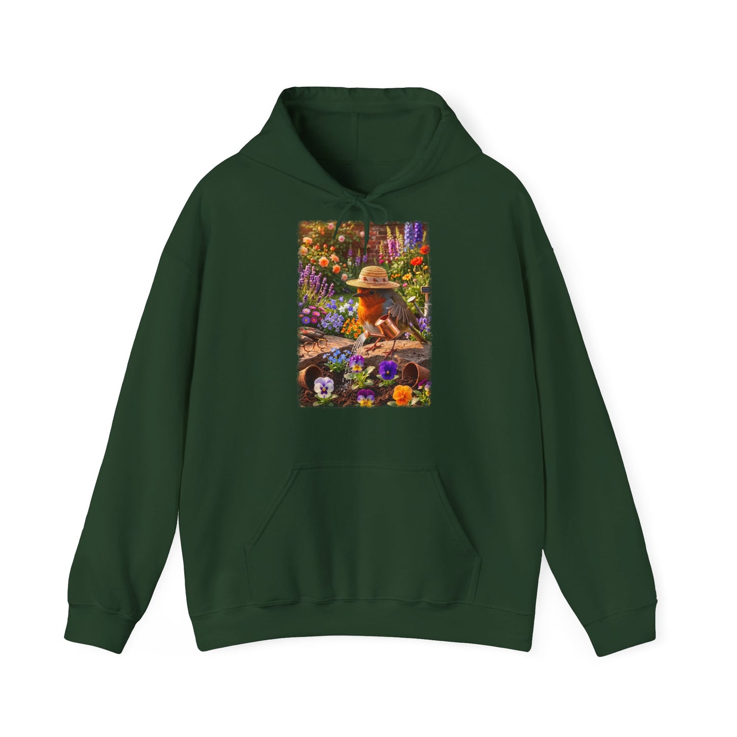 Niedlicher Rotkehlchen Hoodie beim Blumen gießen | Gemütlicher Garten-Kapuzenpullover