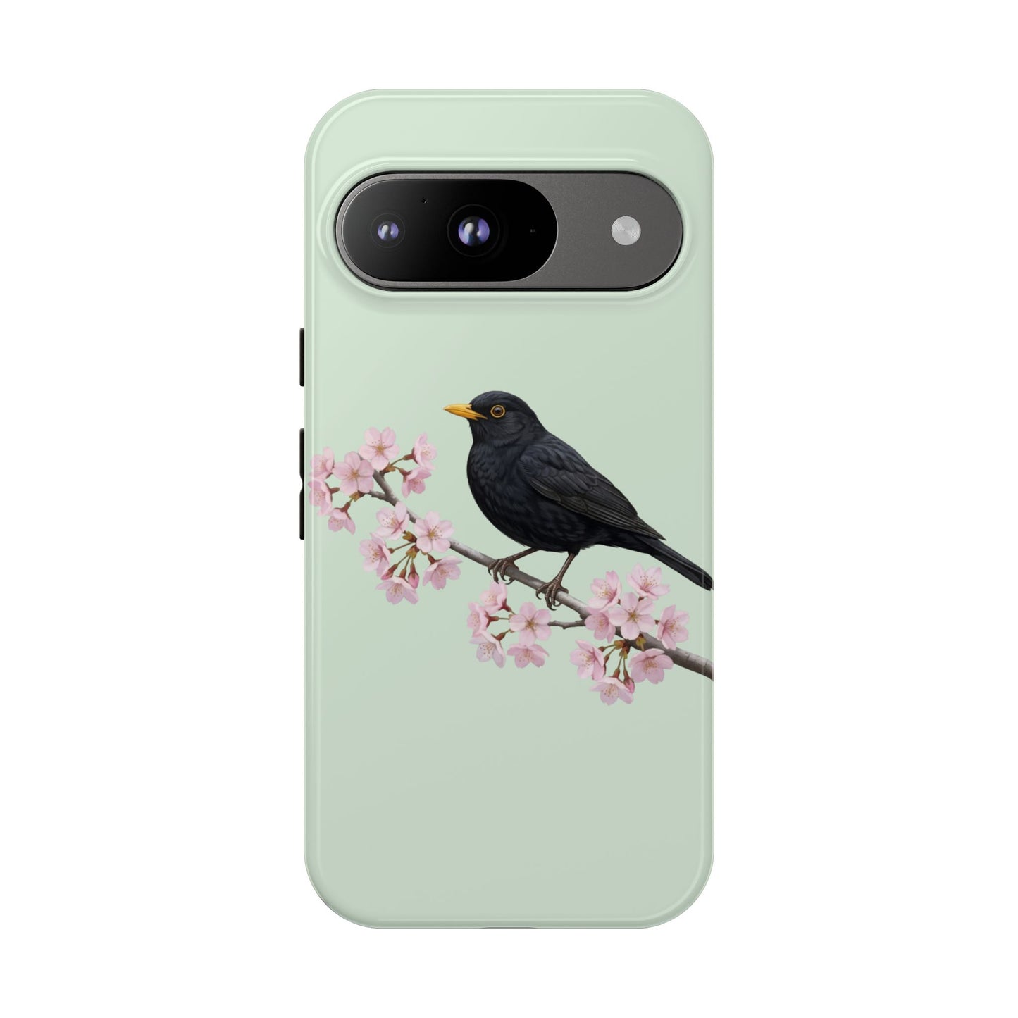 Amsel Handyhülle in Salbeigrün | Florales Kirschblüten Vogel-Motiv für iPhone & Google Pixel