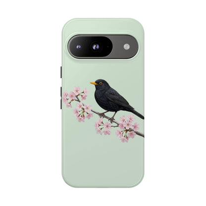 Amsel Handyhülle in Salbeigrün | Florales Kirschblüten Vogel-Motiv für iPhone & Google Pixel