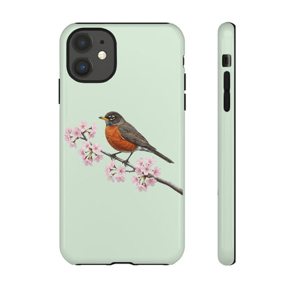 Wanderdrossel Handyhülle in – Salbeigrün | Florales Kirschblüten Vogel-Motiv für iPhone & Google Pixel