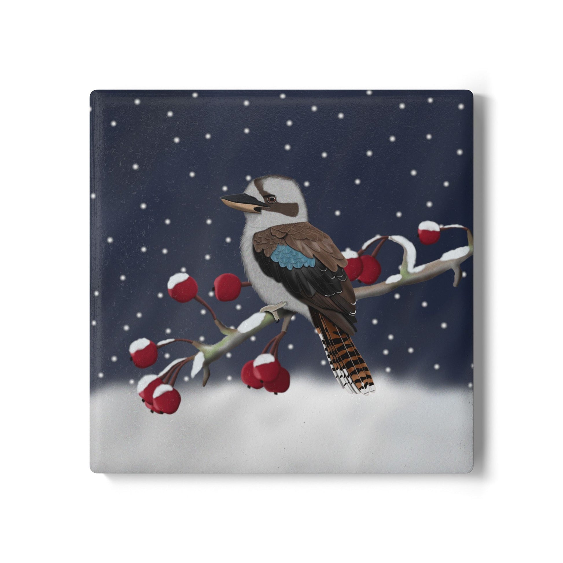 Kookaburra im Schnee Keramik Untersetzer – bird design, ceramic coaster