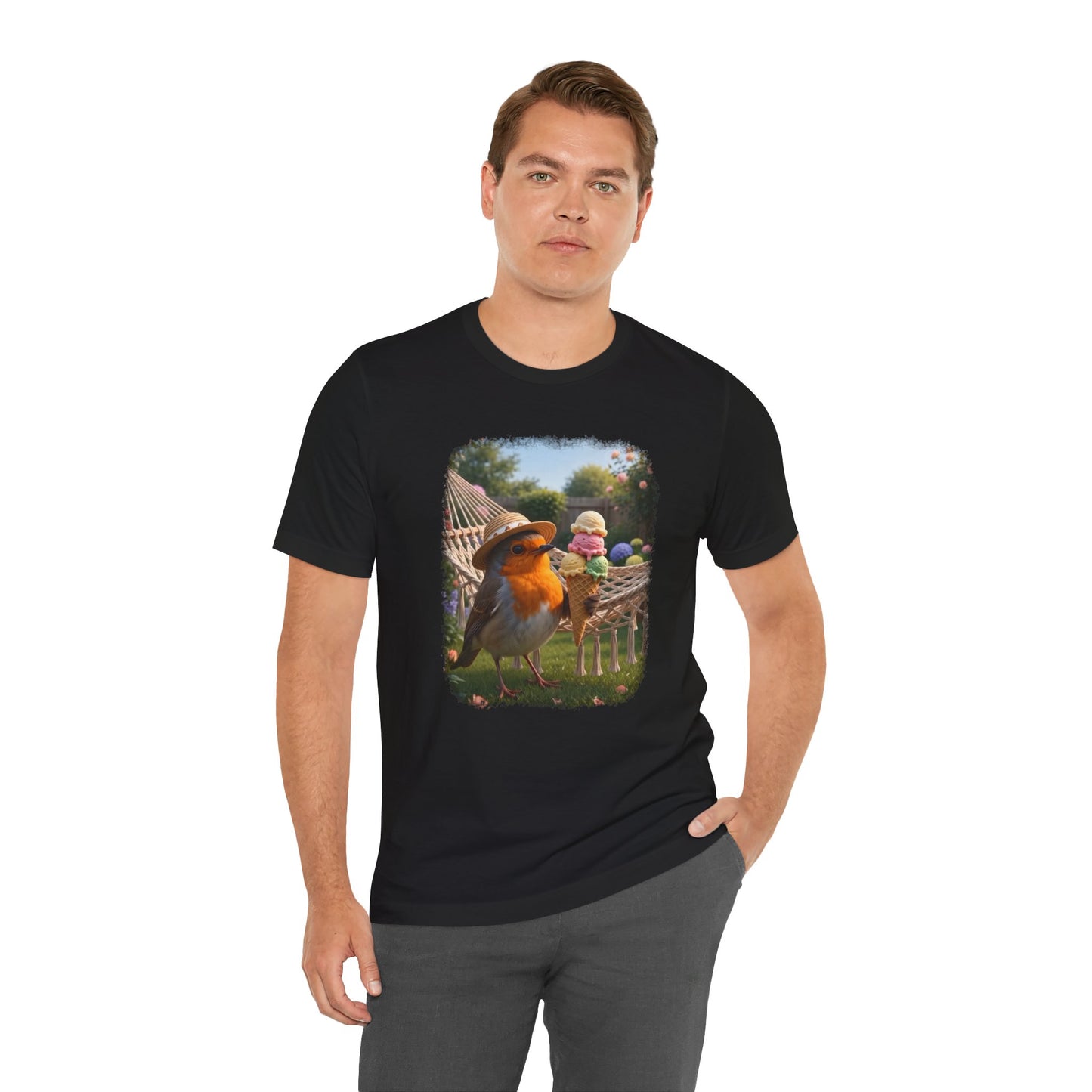 Premium T-Shirt Rosi Rotkehlchen & das Riesen-Eis im Garten für Vogelbeobachter
