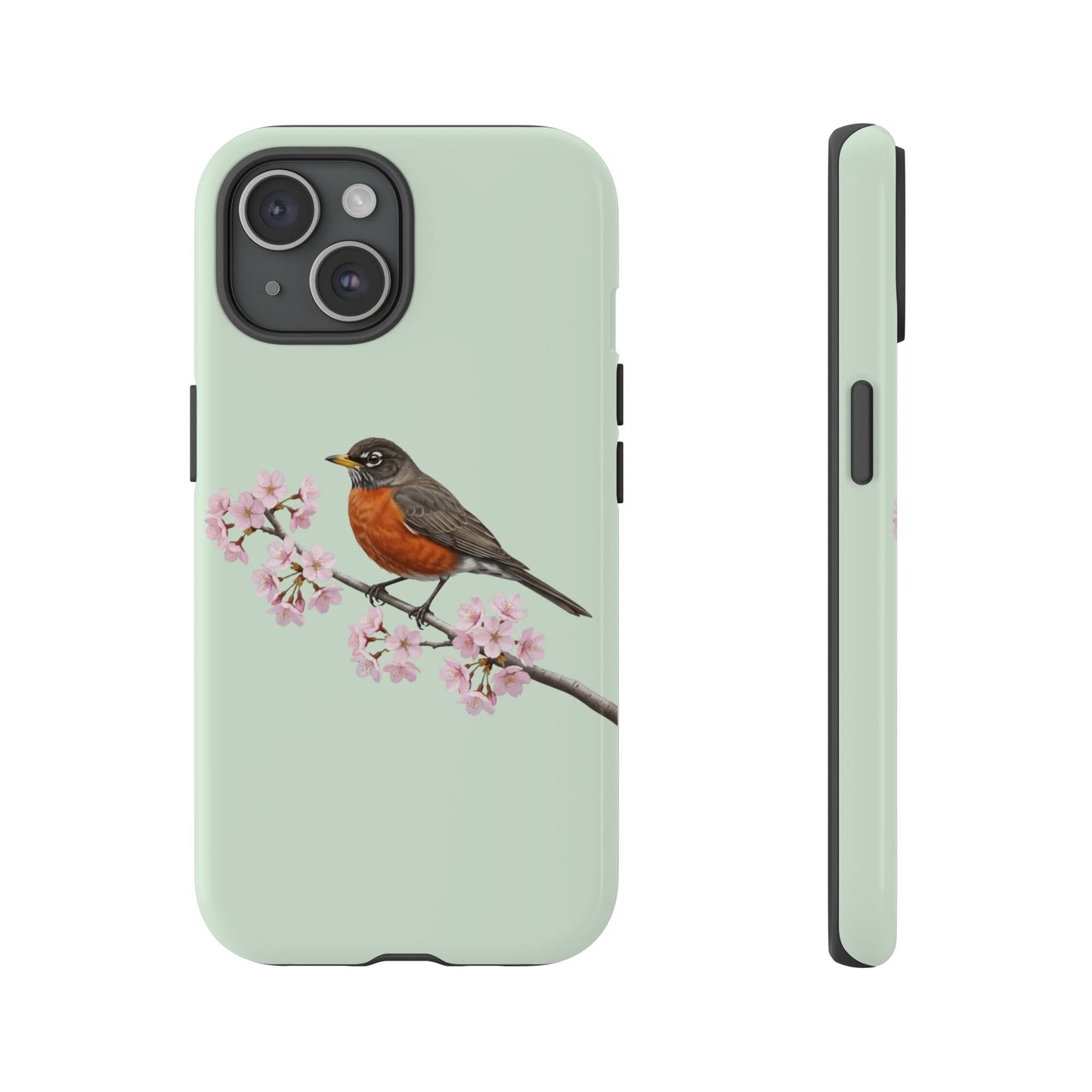 Wanderdrossel Handyhülle in Salbeigrün | Florales Kirschblüten Vogel-Motiv für iPhone & Google Pixel