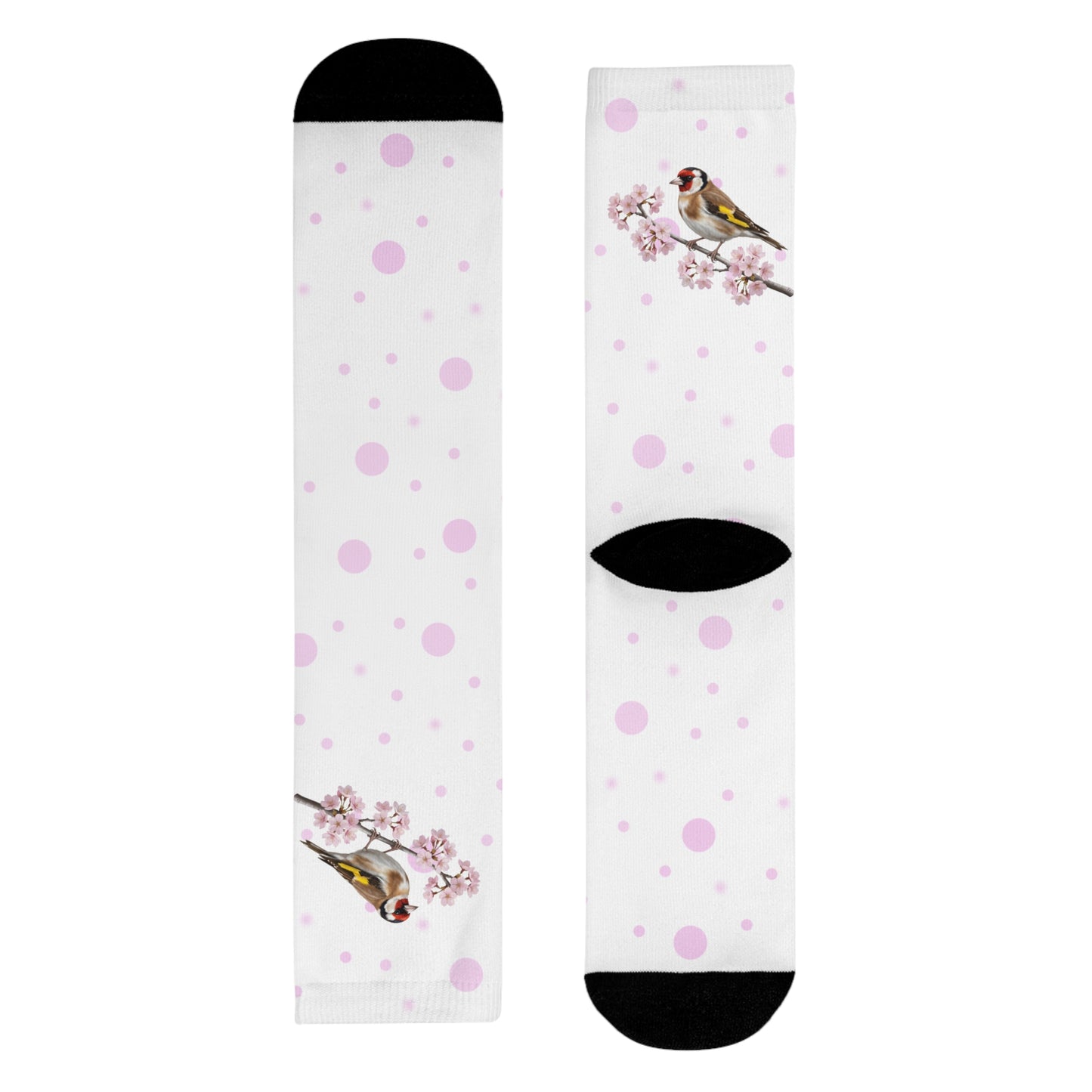 Stieglitz Socken – mit Kirschblüten | Weiß Rosa gepunktete Vogelmotiv Strümpfe