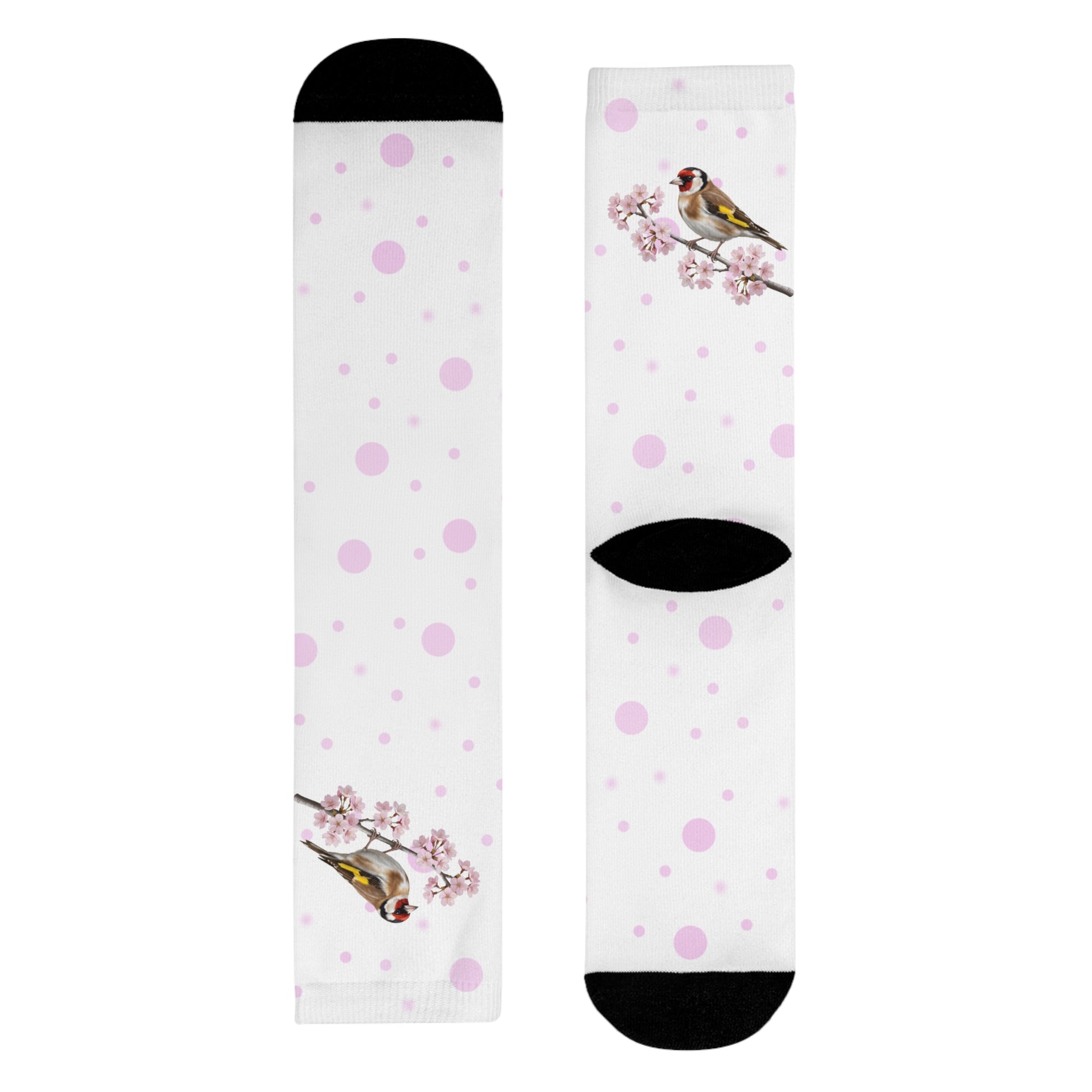 Stieglitz Socken – mit Kirschblüten | Weiß Rosa gepunktete Vogelmotiv Strümpfe
