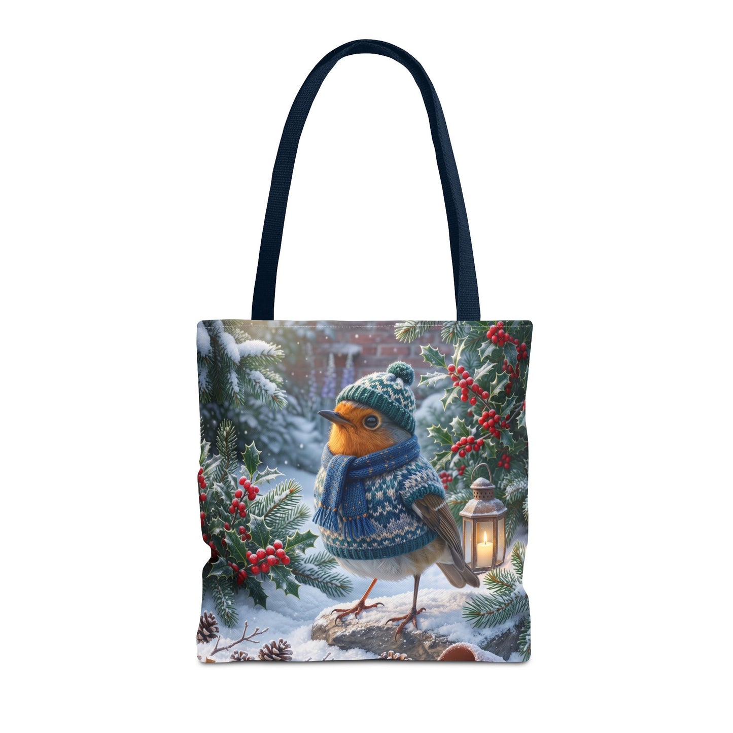 Premium Tragetasche Rosi Rotkehlchen im kuscheligen Winter-Outfit (40 x 40 cm)