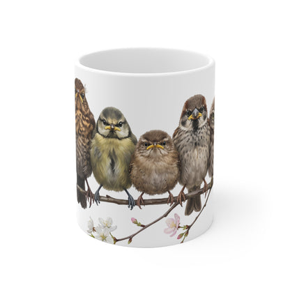 Amsel Rotkehlchen Eule Ästlinge Premium Keramiktasse Weiß | Geschenk für Vogelbeobachter