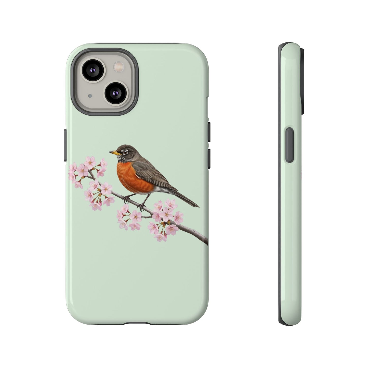 Wanderdrossel Handyhülle in Salbeigrün | Florales Kirschblüten Vogel-Motiv für iPhone & Google Pixel