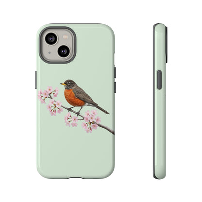Wanderdrossel Handyhülle in Salbeigrün | Florales Kirschblüten Vogel-Motiv für iPhone & Google Pixel