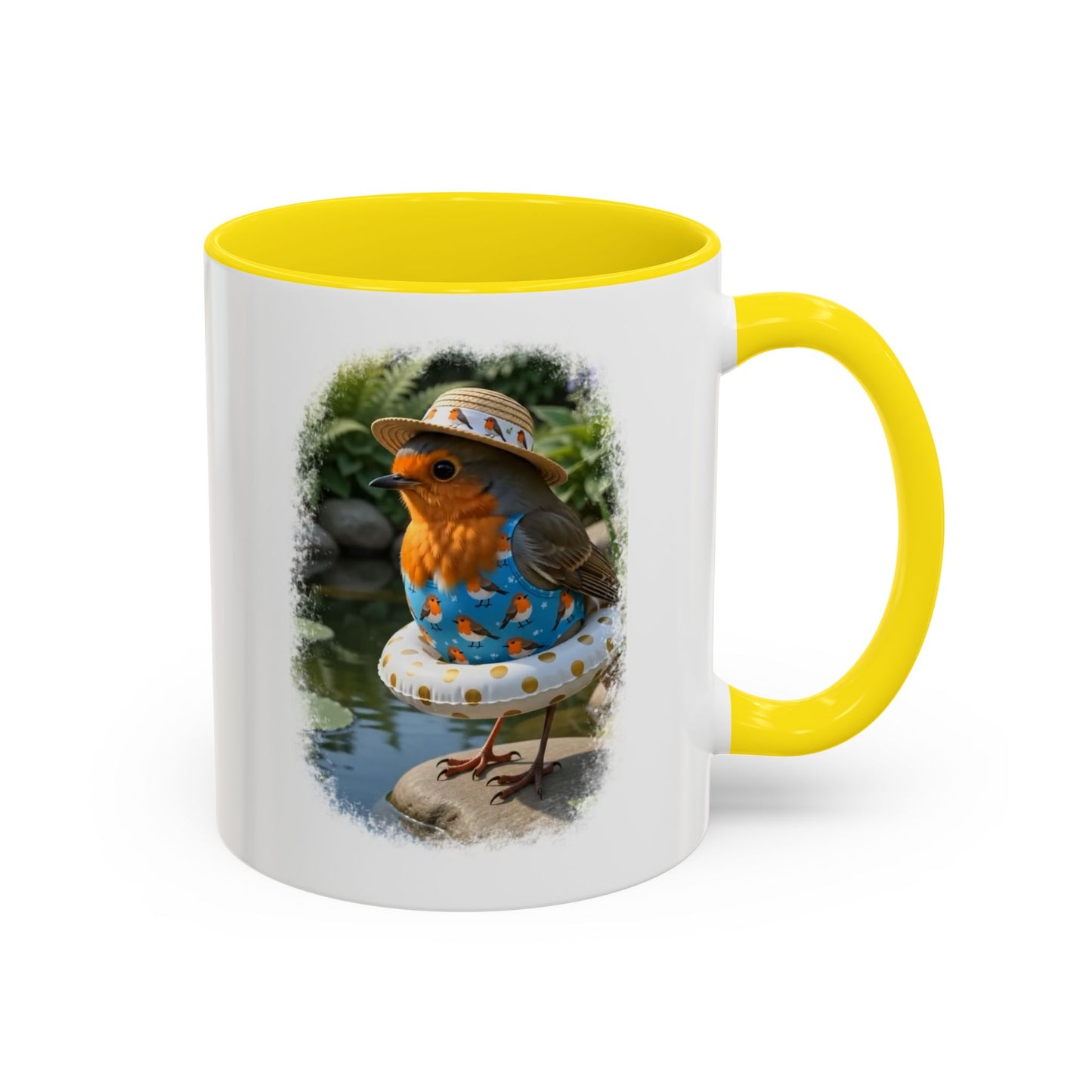 A white ceramic mug with a bright yellow interior and handle, featuring a printed illustration of a small bird wearing a straw hat and blue patterned clothing on a pool float.