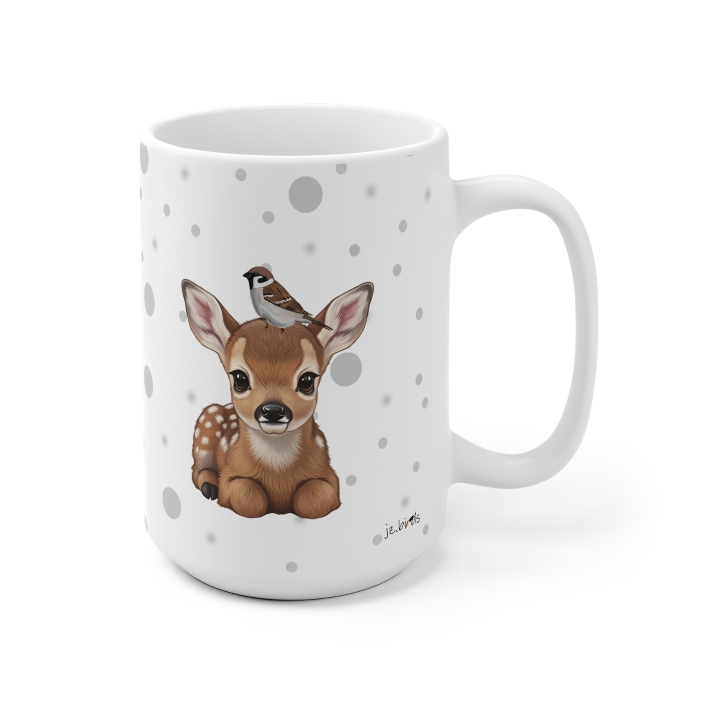 Rehkitz Tasse mit Spatz Tiermotiv Punkte Grau