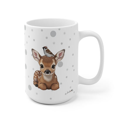 Rehkitz Tasse mit Spatz Tiermotiv Punkte Grau