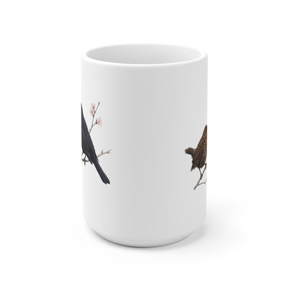 Amsel mit Ästling Premium Keramiktasse | Geschenk für Vogelbeobachter