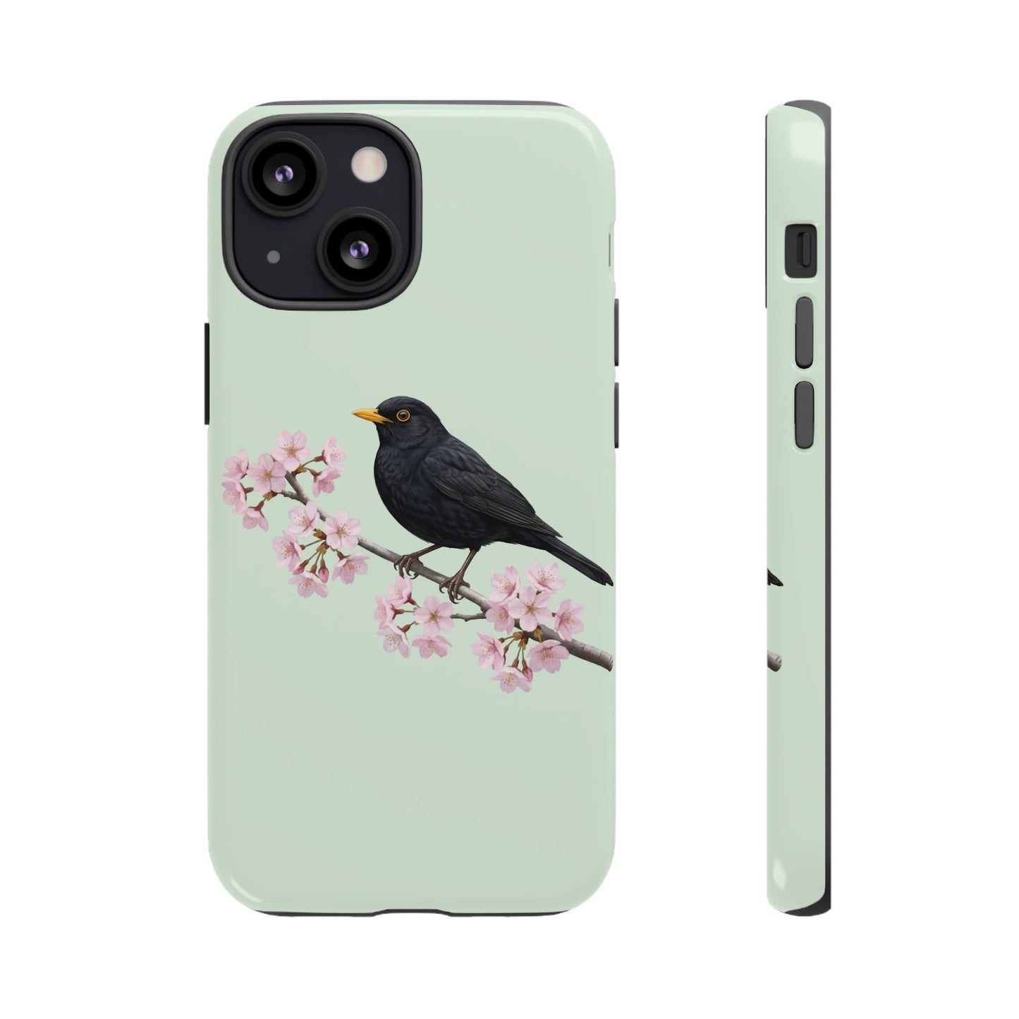 Amsel Handyhülle in Salbeigrün | Florales Kirschblüten Vogel-Motiv für iPhone & Google Pixel