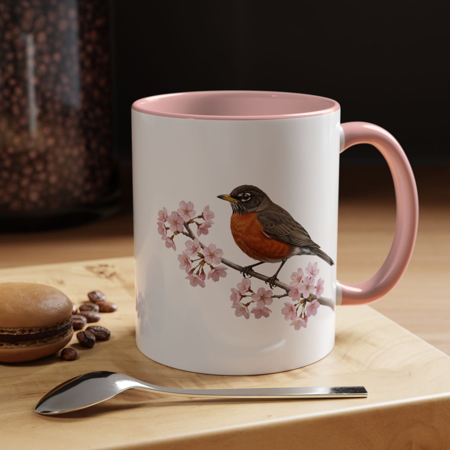 Wanderdrossel Tasse mit Kirschblüten | Rosa Keramiktasse für Vogelfreunde