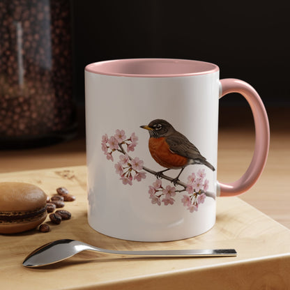 Wanderdrossel Tasse mit Kirschblüten | Rosa Keramiktasse für Vogelfreunde