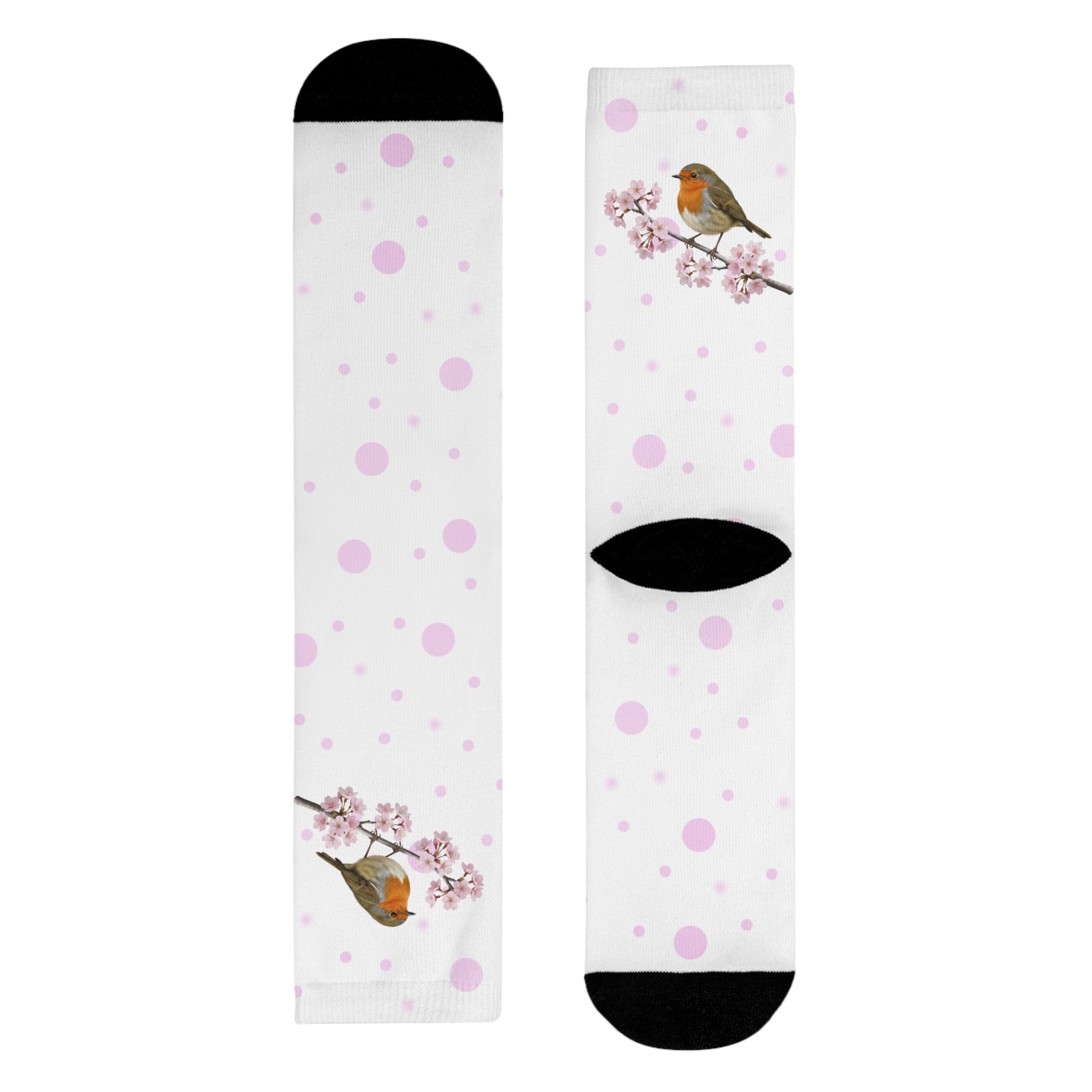 Rotkehlchen Socken – mit Kirschblüten | Weiß Rosa gepunktete Vogelmotiv Strümpfe