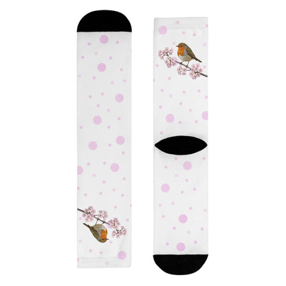 Rotkehlchen Socken – mit Kirschblüten | Weiß Rosa gepunktete Vogelmotiv Strümpfe
