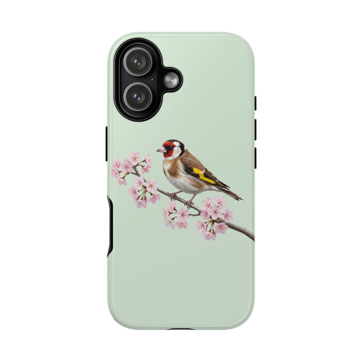 Stieglitz Handyhülle in Salbeigrün | Florales Kirschblüten Vogel-Motiv für iPhone & Google Pixel