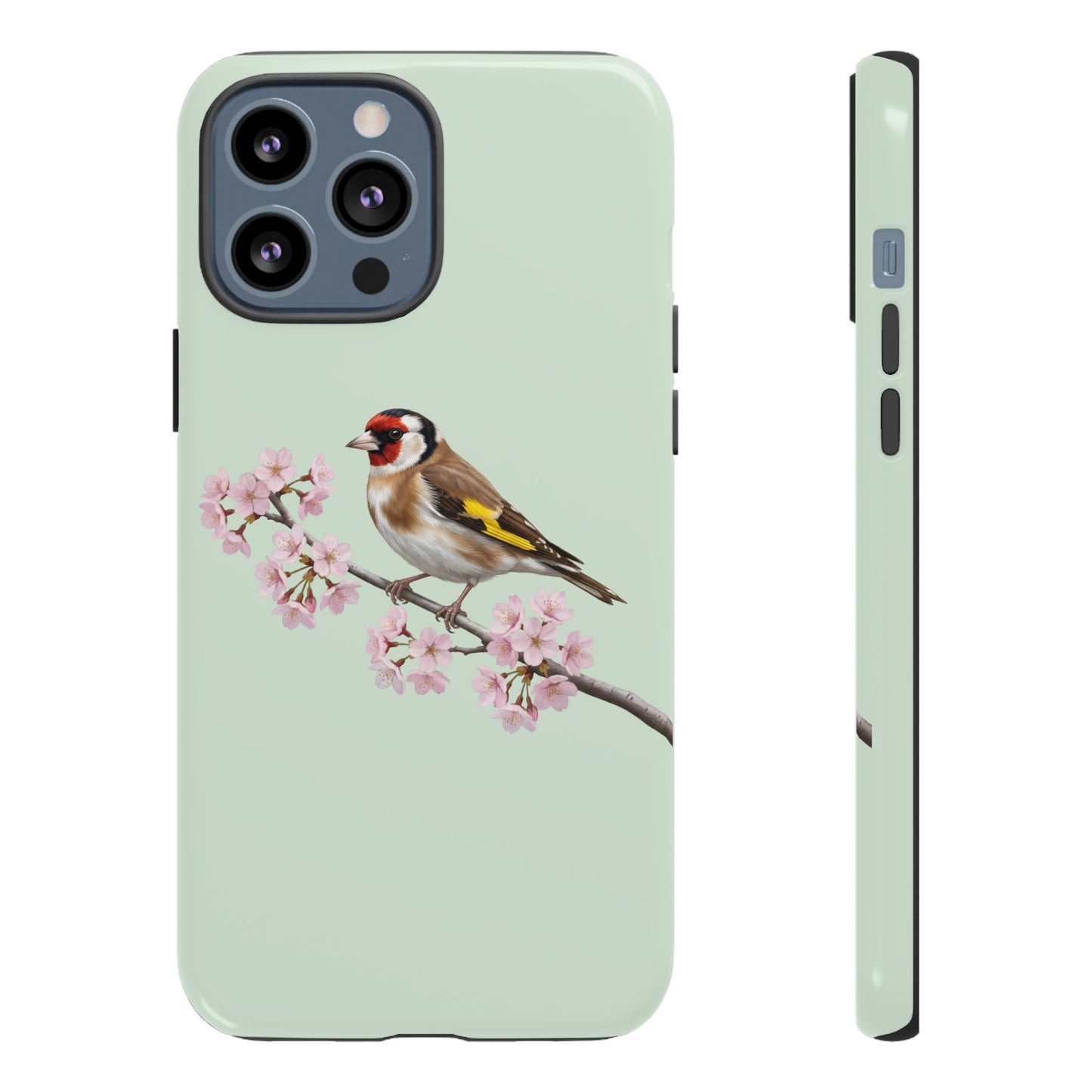 Stieglitz Handyhülle in Salbeigrün | Florales Kirschblüten Vogel-Motiv für iPhone & Google Pixel