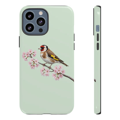 Stieglitz Handyhülle in Salbeigrün | Florales Kirschblüten Vogel-Motiv für iPhone & Google Pixel
