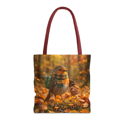 Tragetasche Rosi Rotkehlchen sammelt Pilze | Herbst Stofftasche für Vogelfreunde und Vogelbeobachter