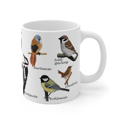 Gartenvögel Amsel Rotkehlchen Blaumeise Zaunkönig Gimpel Vogel Tasse