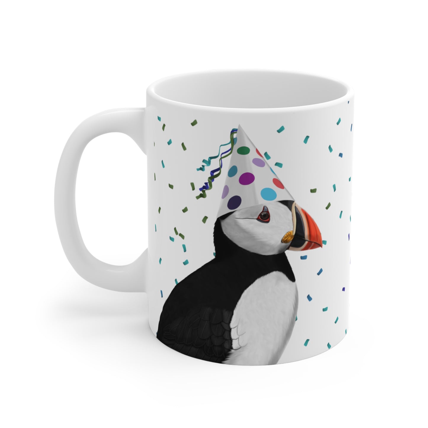 Papageitaucher feiert Geburtstag mit Partyhut und Konfetti Vogel Tasse