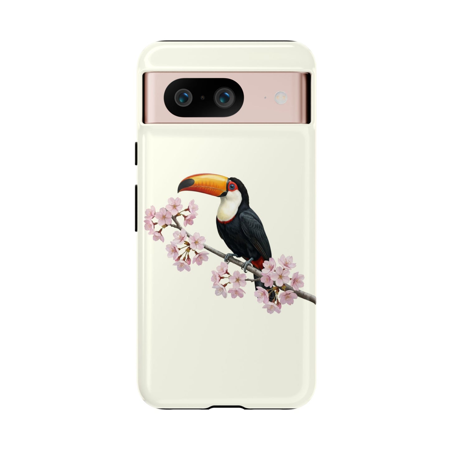 Tukan Handyhülle in Cremeweiß | Florales Kirschblüten Vogel-Motiv für iPhone & Google Pixel
