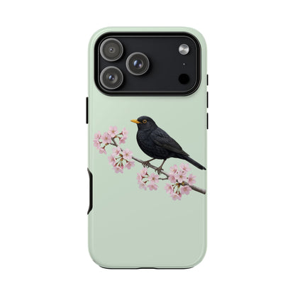 Amsel Handyhülle in Salbeigrün | Florales Kirschblüten Vogel-Motiv für iPhone & Google Pixel