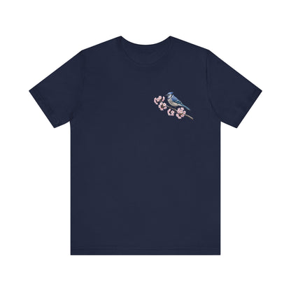 Blauhäher T-Shirt mit Kirschblüten | Florales Vogelmotiv für Vogelfreunde