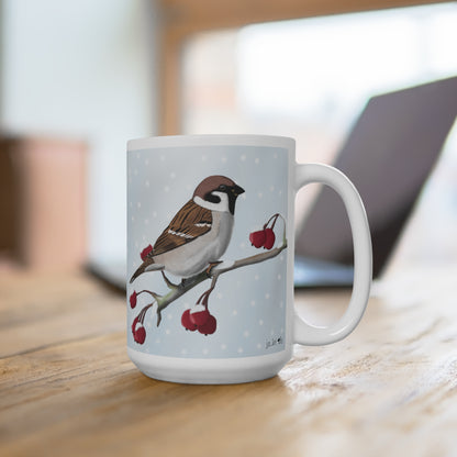 Feldsperling auf einem Ast im Winter Weihnachten Schnee Vogel Tasse