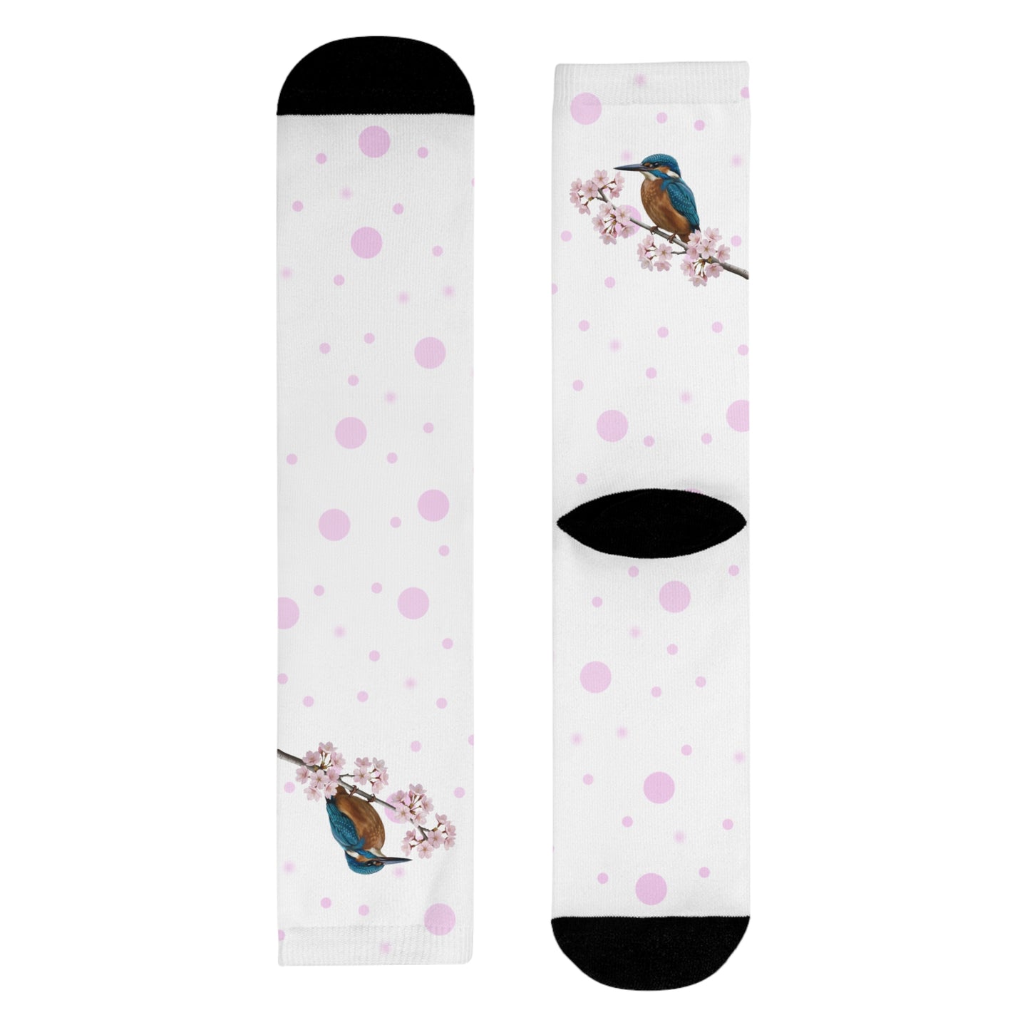 Eisvogel Socken – mit Kirschblüten | Weiß Rosa gepunktete Vogelmotiv Strümpfe