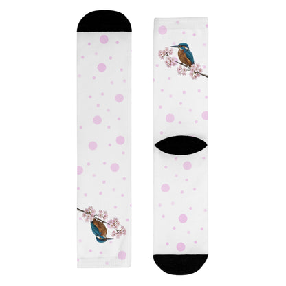 Eisvogel Socken – mit Kirschblüten | Weiß Rosa gepunktete Vogelmotiv Strümpfe