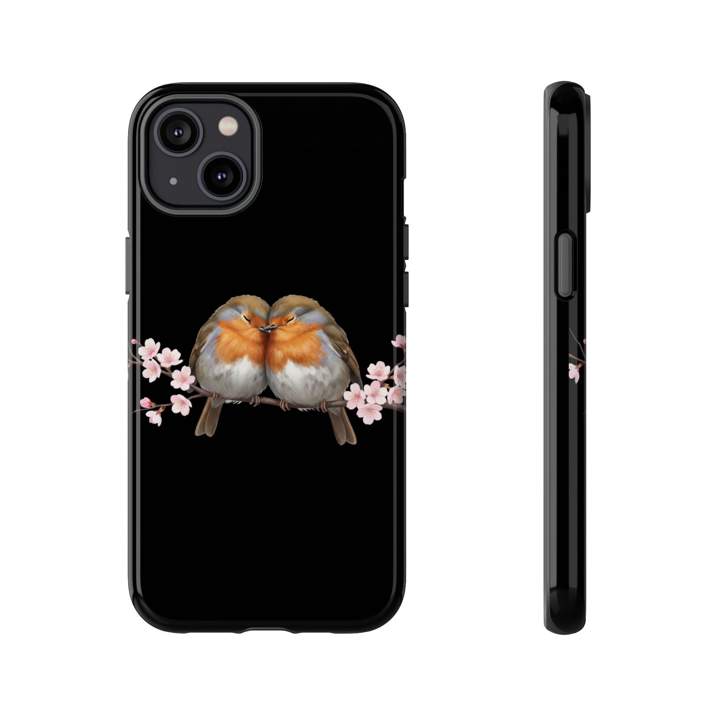 Rotkehlchen mit Kirschblüten Premium Handyhülle – Doppelt Geschützt & Rundum Bedruckt Schwarz