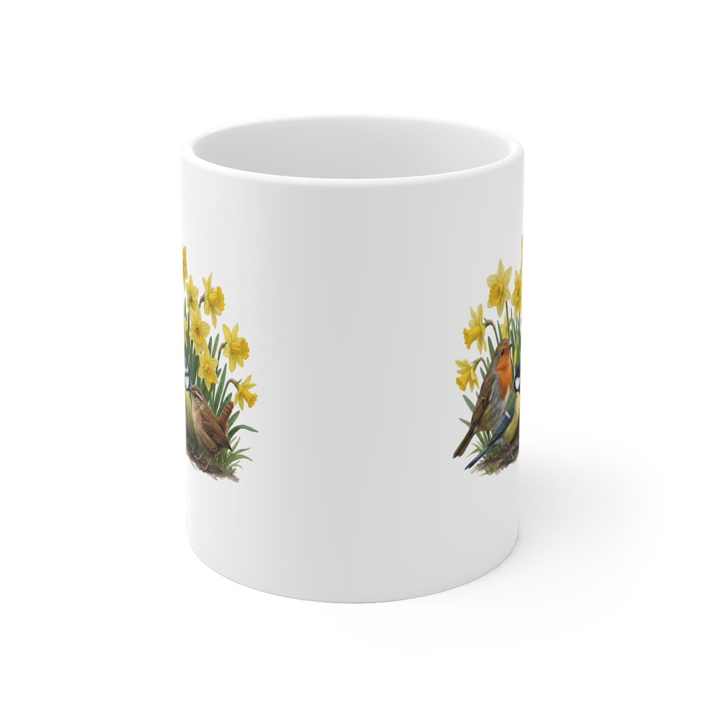 Kaninchen Rotkehlchen Meisen Zaunkönig mit Osterglocken Tasse - Oster-Geschenk für Vogelfreunde